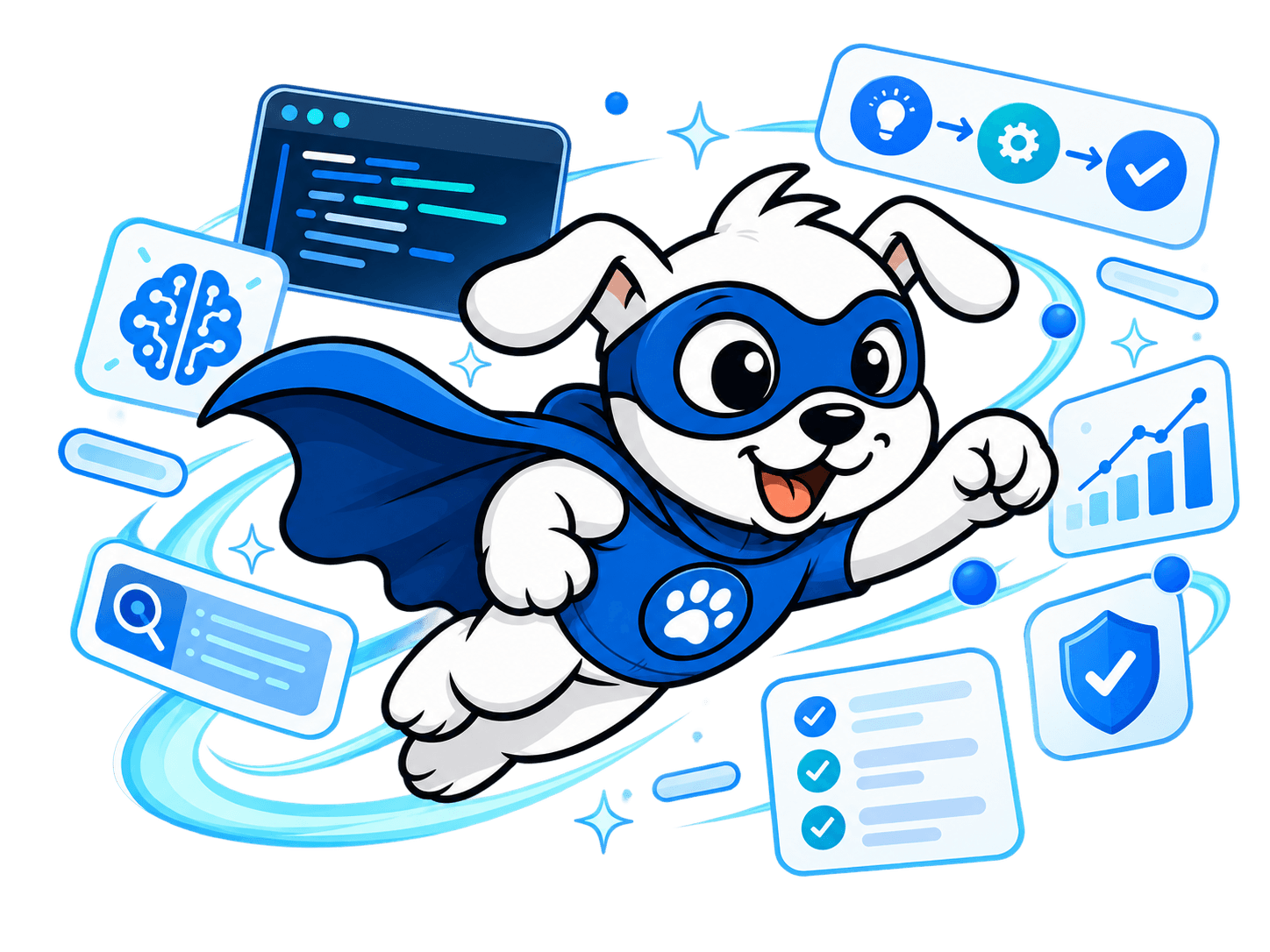 Маскот VisiDog: собака в костюме супергероя среди парящих интерфейсов
